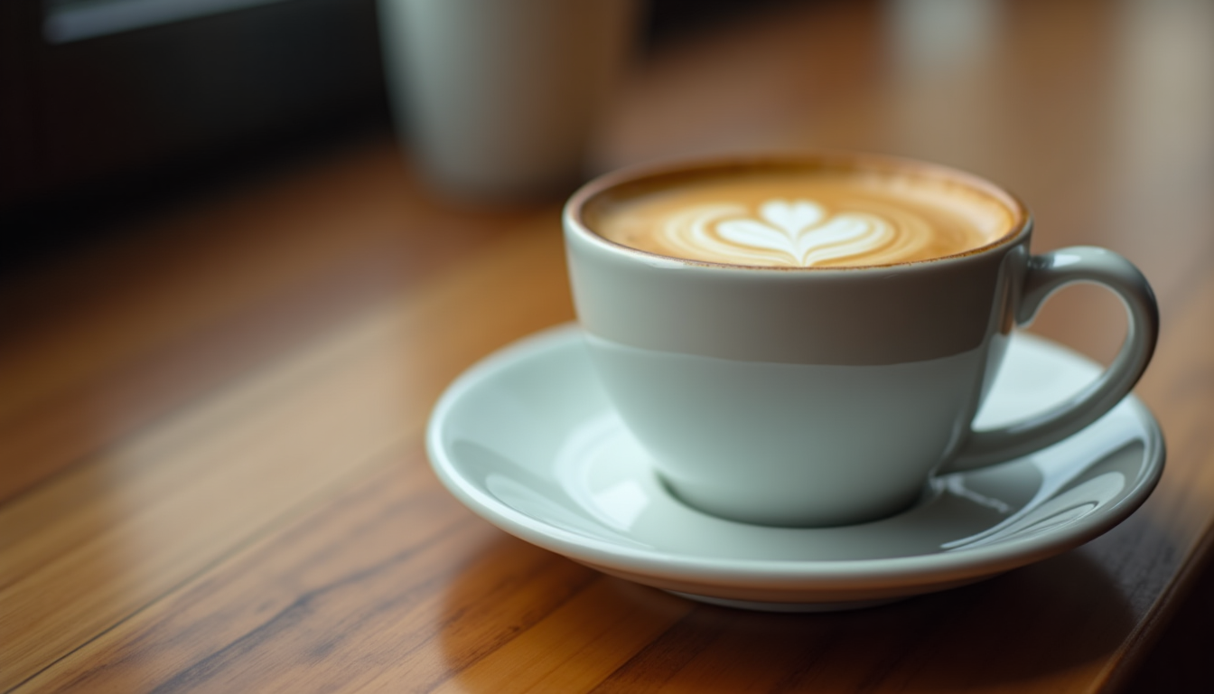 A close-up of a small white ceramic espresso cup filled with rich, dark espresso