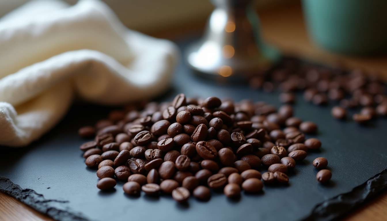 A scattered pile of dark roasted coffee beans on a smooth black slate surface be
