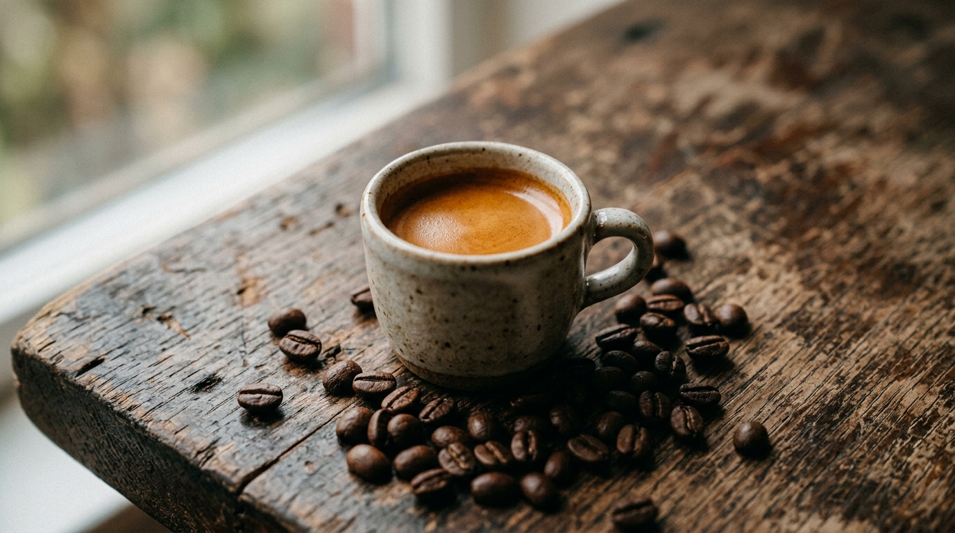 A single small ceramic cup of rich dark espresso resting on a weathered wooden s