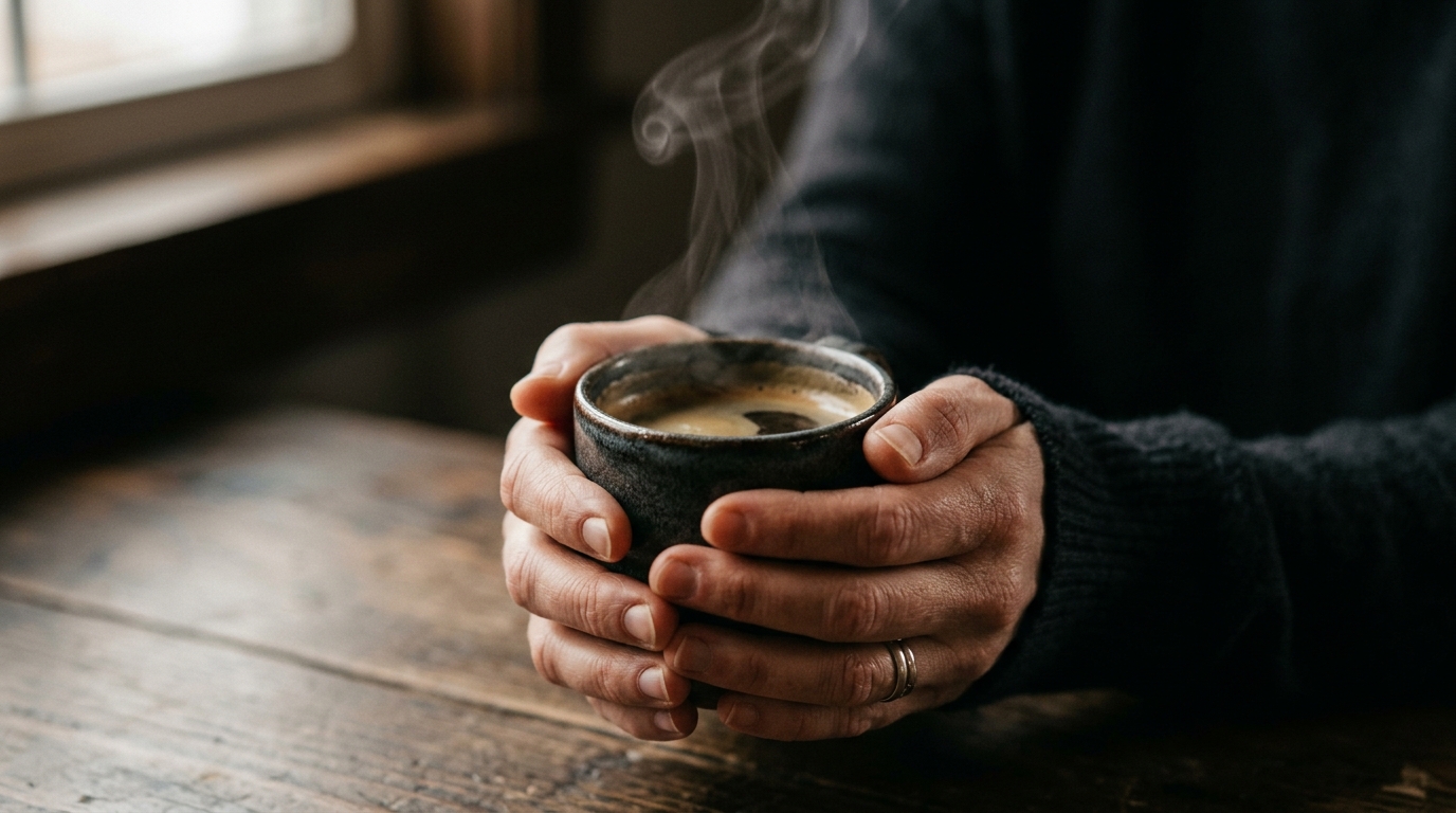 Two hands wrapped around a warm ceramic espresso cup against a dark moody backgr