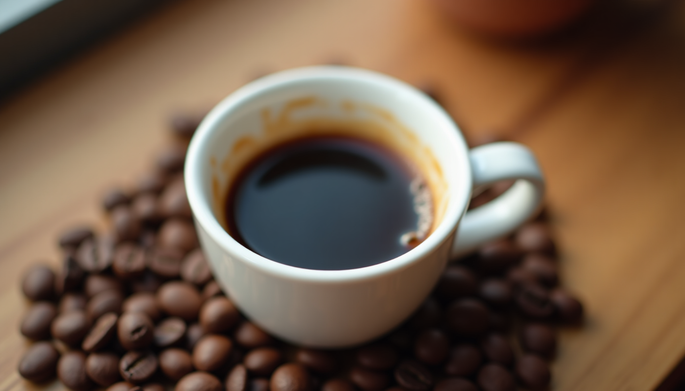 A close-up of a small white ceramic cup filled with rich dark espresso resting o