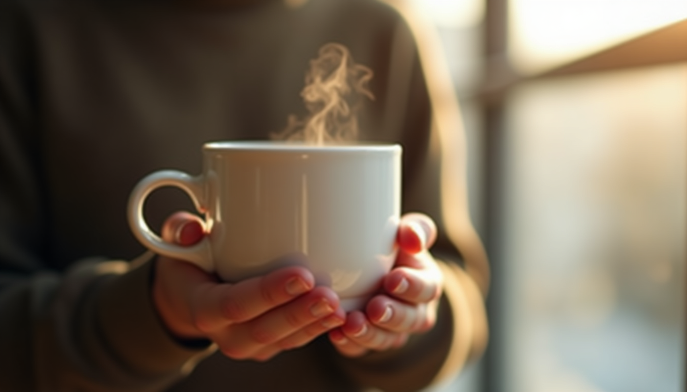Steam gently rising from a simple white mug cradled in two hands against a soft 