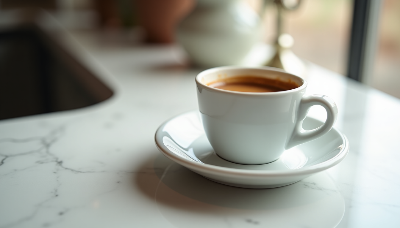 A close-up of a small white ceramic espresso cup filled with rich, dark espresso