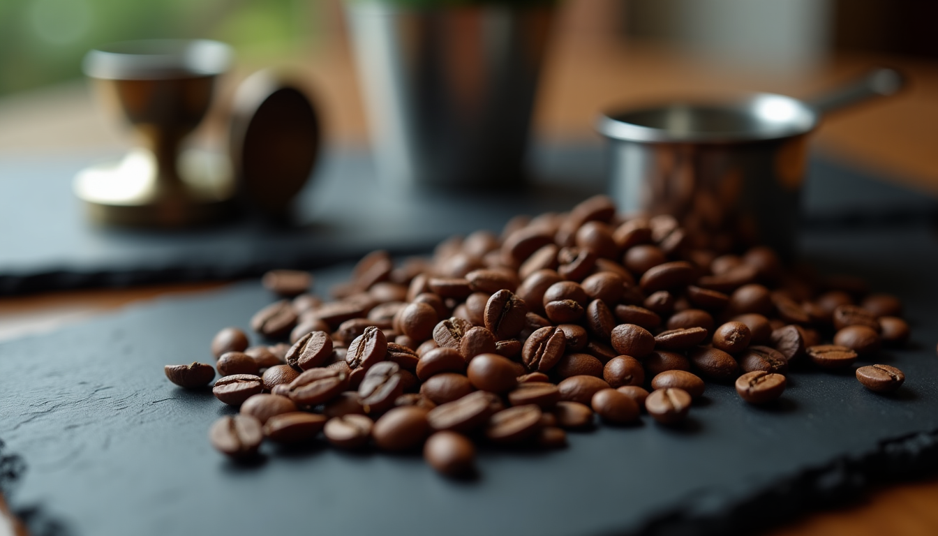 A neat arrangement of roasted coffee beans scattered beside a metal tamper and a