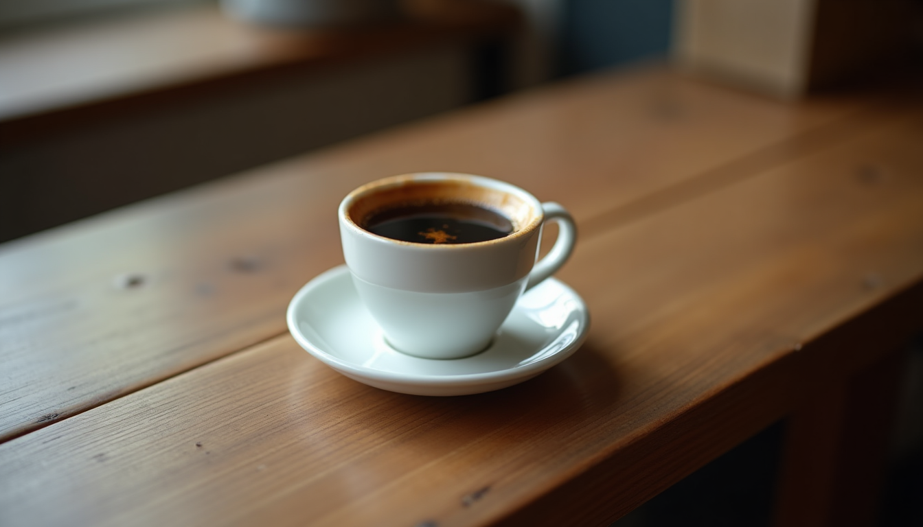 A small white ceramic espresso cup filled with rich dark coffee and a thin layer