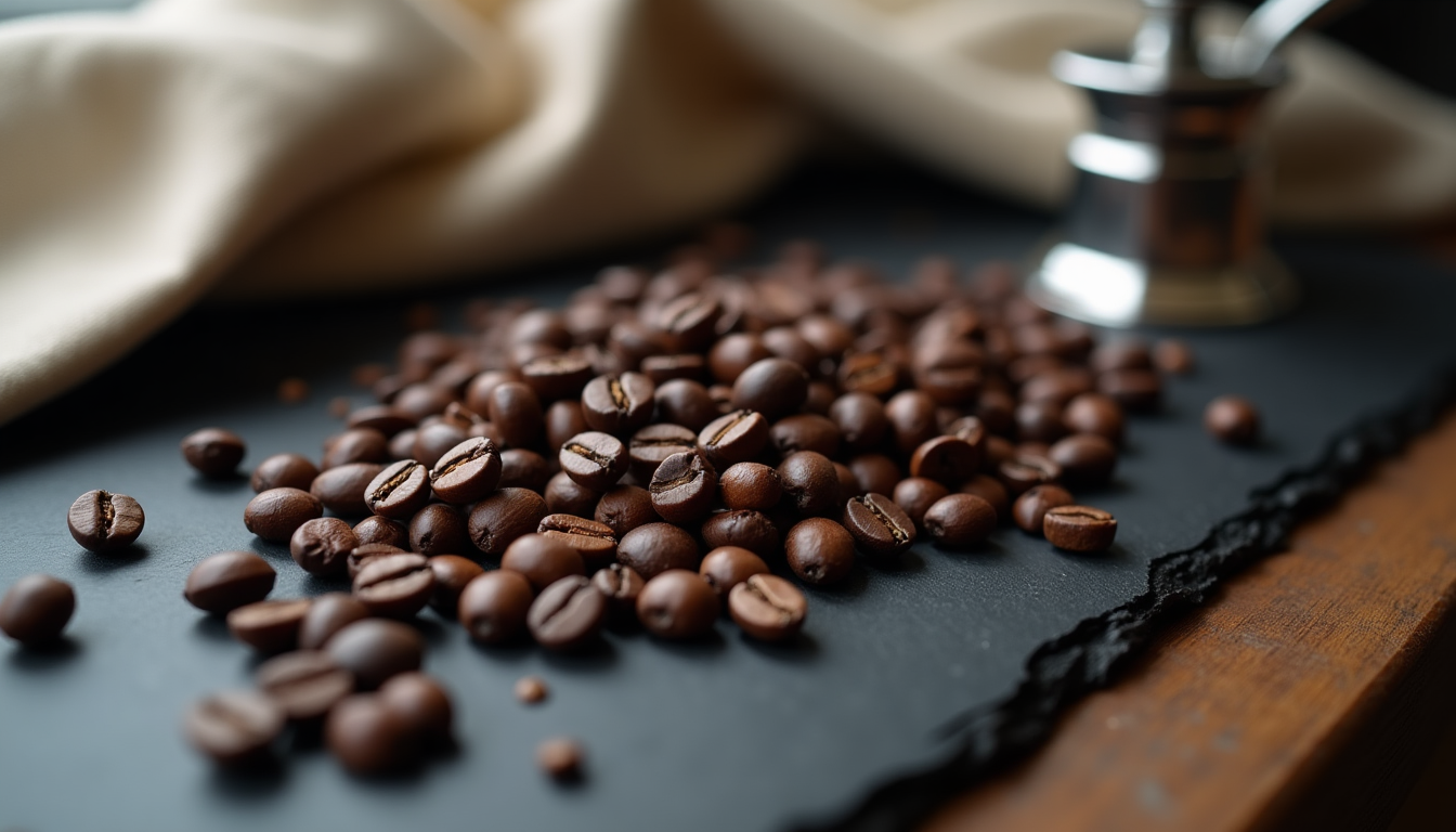 A handful of dark roasted coffee beans scattered across a matte black slate surf