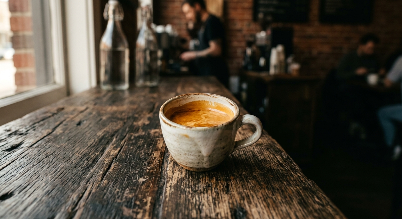 A small ceramic espresso cup sitting on a weathered wooden counter, the rich amb