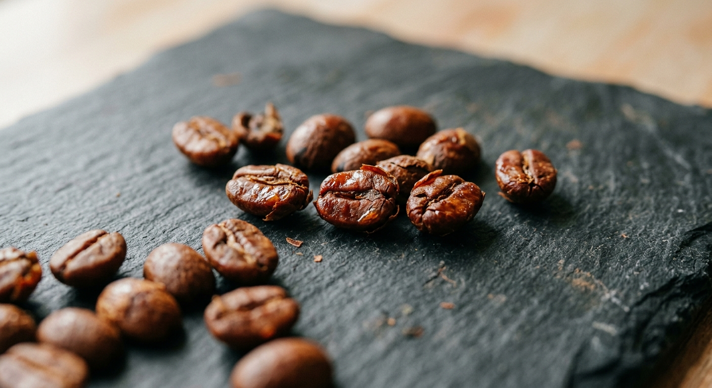 A close-up of honey-processed coffee beans scattered across a slate surface, the