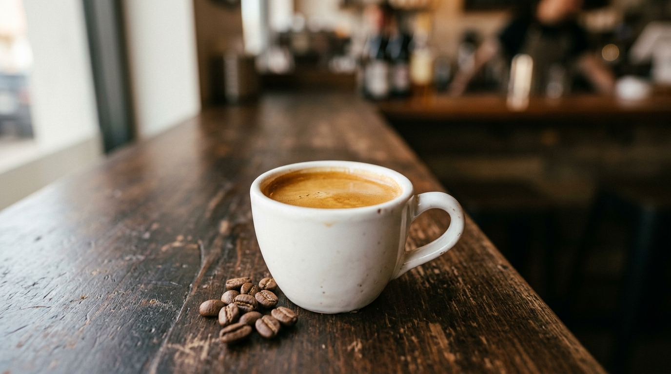 A close-up of a small white ceramic espresso cup filled with a rich, golden-crem