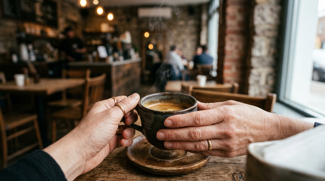 A pair of hands cradling a warm espresso cup against a softly blurred dark café 