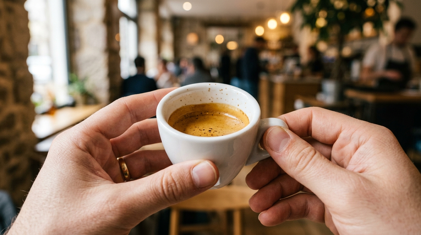 Close-up of two hands cradling a small white espresso cup, the rich dark crema v
