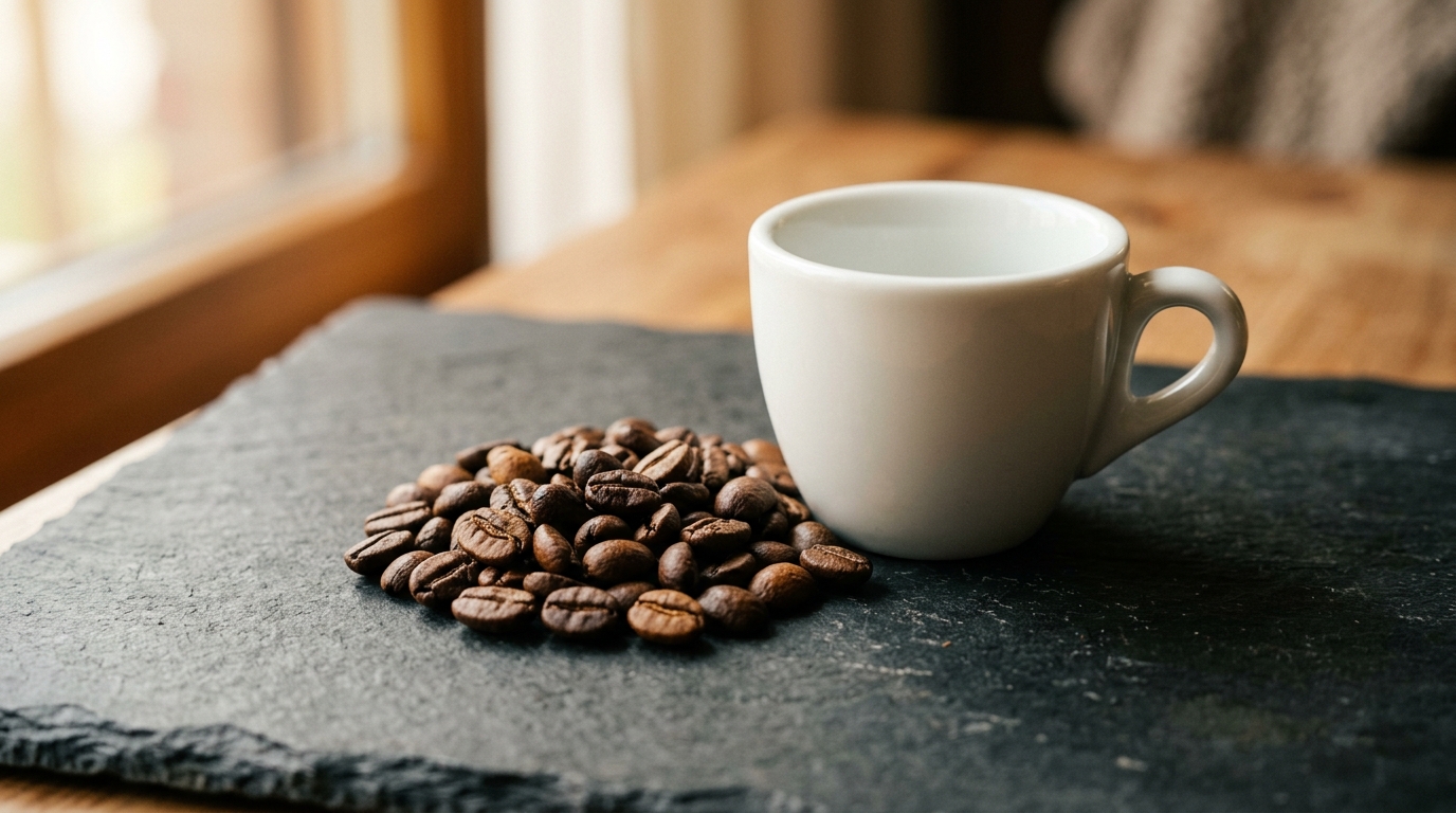 A small pile of roasted coffee beans resting on a dark slate surface beside a si