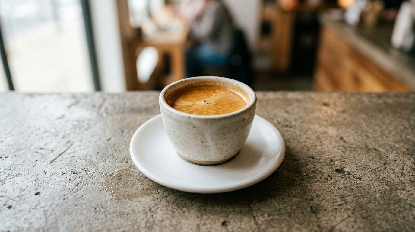 A single ceramic cup of freshly pulled espresso resting on a white saucer atop a