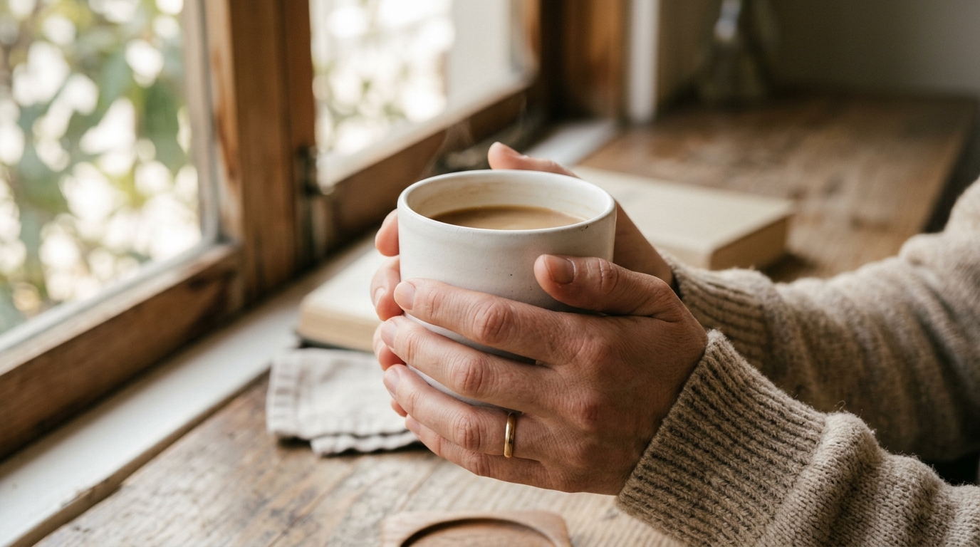 Two hands wrapped around a simple white mug with soft natural light from a nearb