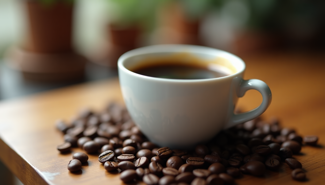 A close-up of a small white ceramic espresso cup filled with rich, dark espresso