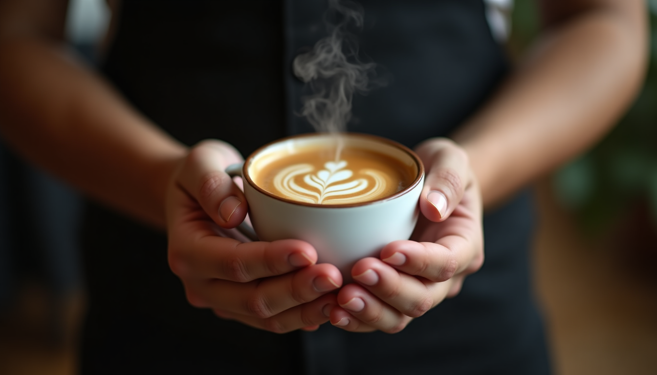A pair of hands gently cradling a warm white espresso cup against a blurred dark