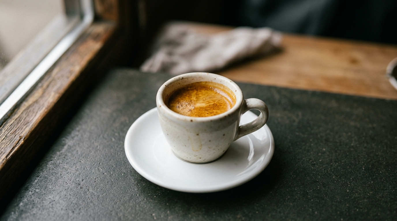 A single small ceramic cup of freshly pulled espresso resting on a white saucer 