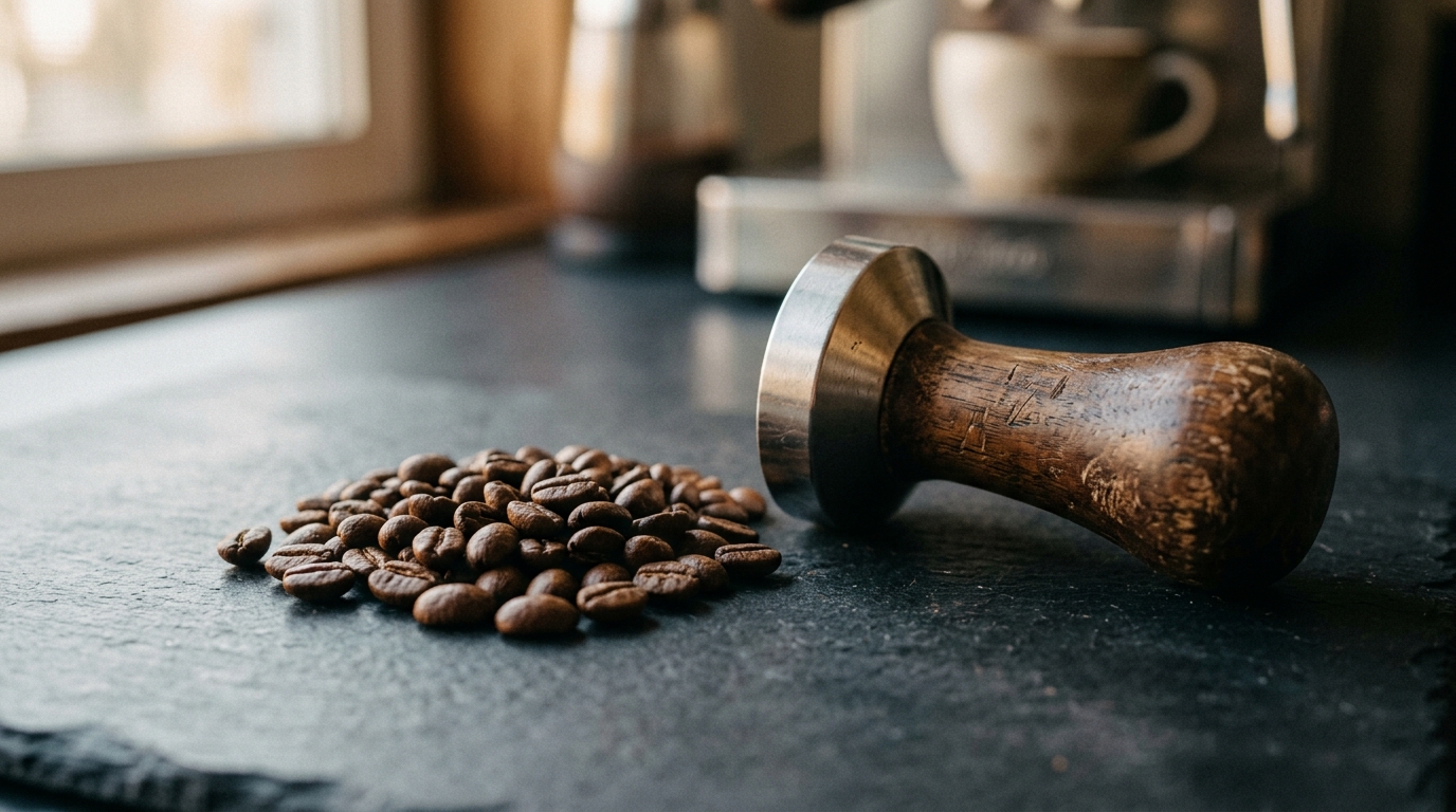 A small pile of whole roasted coffee beans arranged casually beside a worn woode