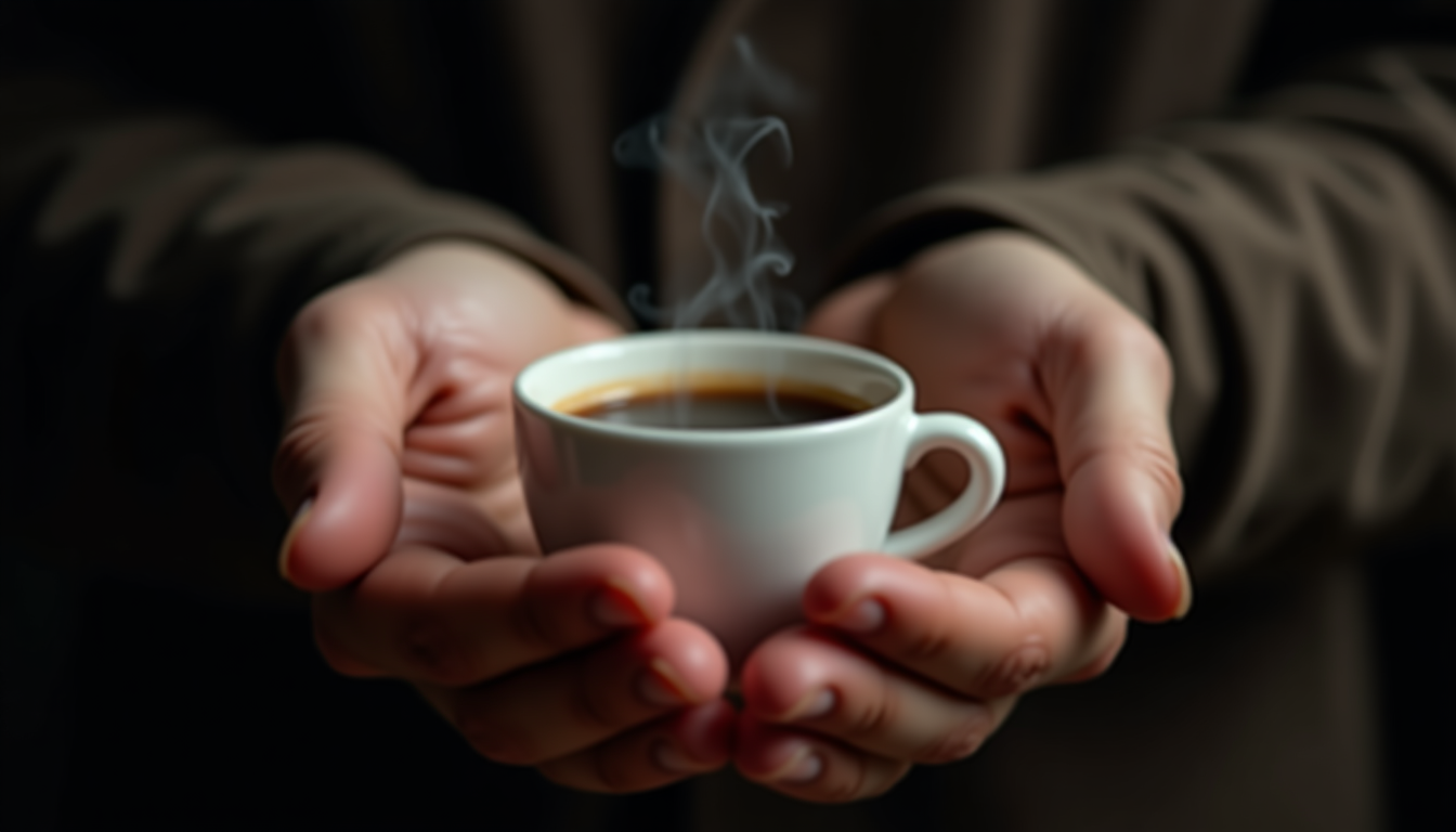 Worn hands cradle a small white espresso cup against a dark background, soft ste