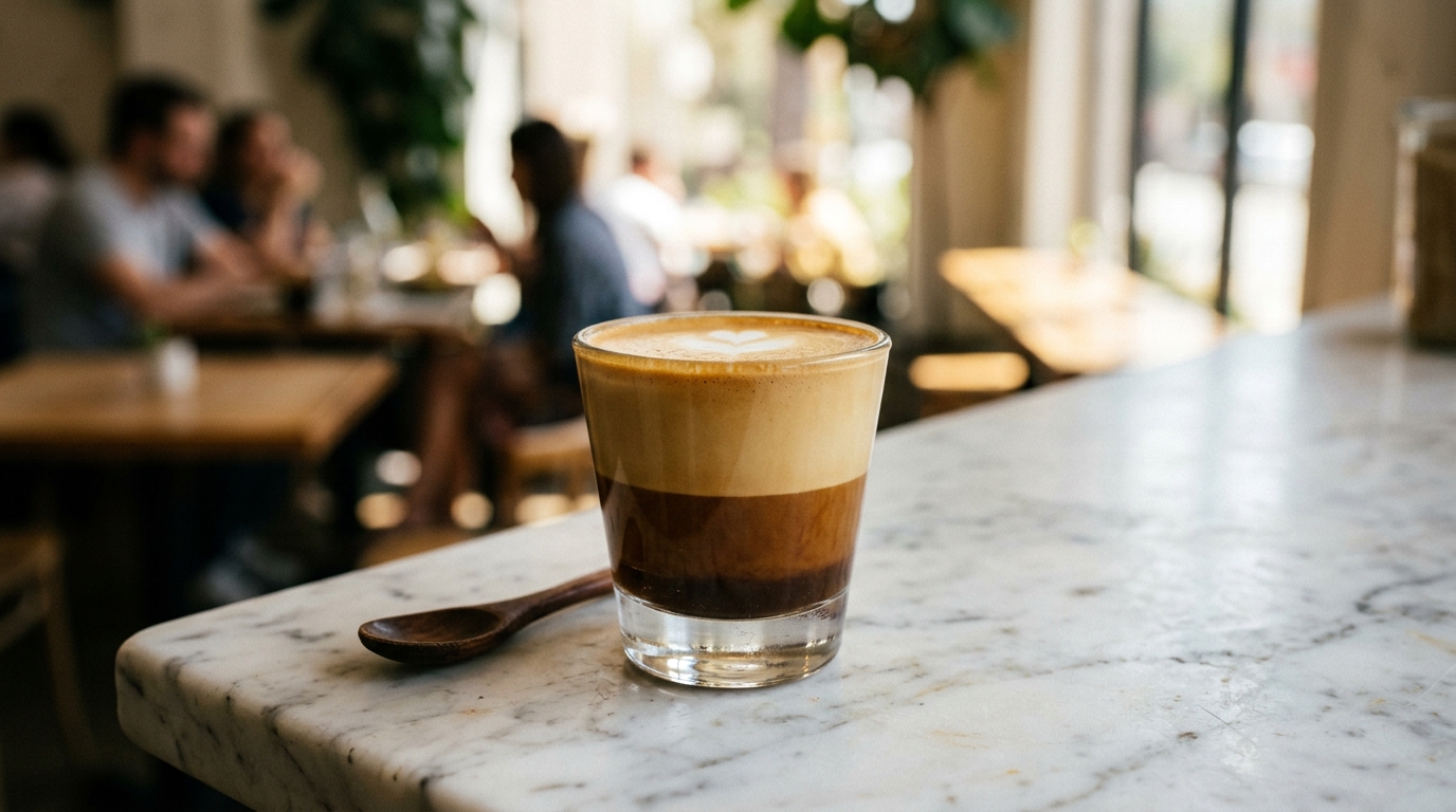 A close-up of a finished cortado in a clear glass, its distinct layered espresso