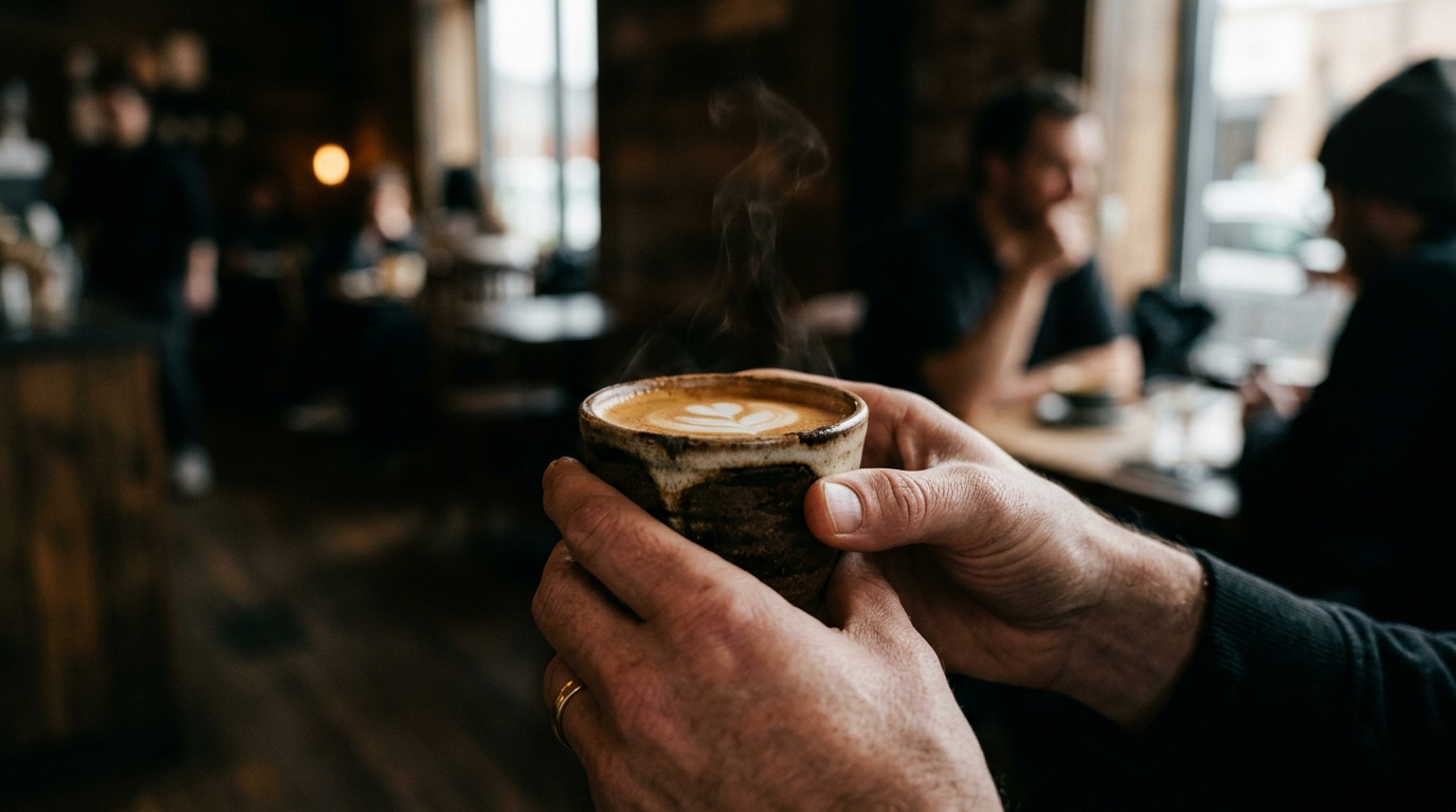 A pair of hands cradling a warm ceramic cortado cup, wisps of steam rising gentl