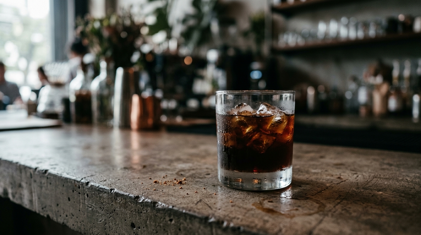A glass of finished cold brew concentrate on ice resting on a concrete counterto