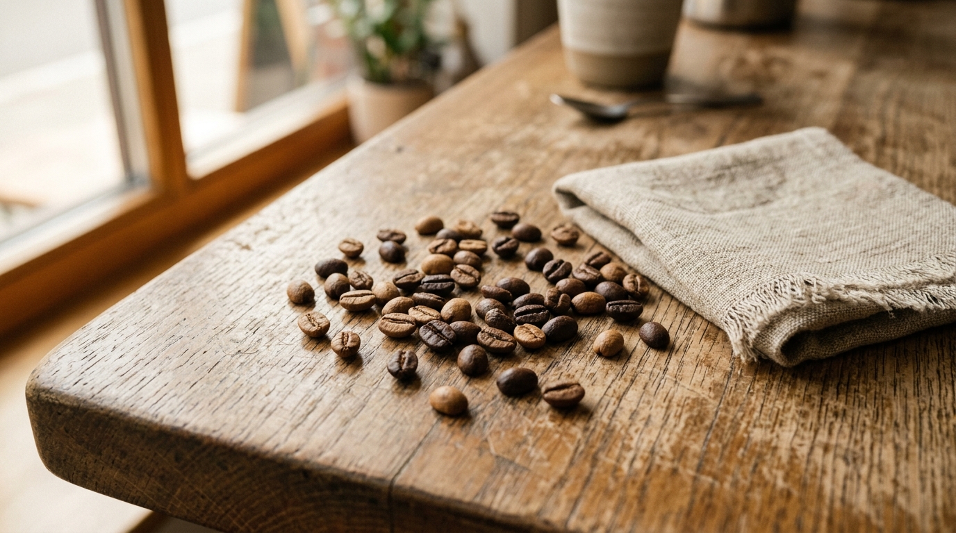 A handful of whole coffee beans in varying roast shades arranged loosely on a wo
