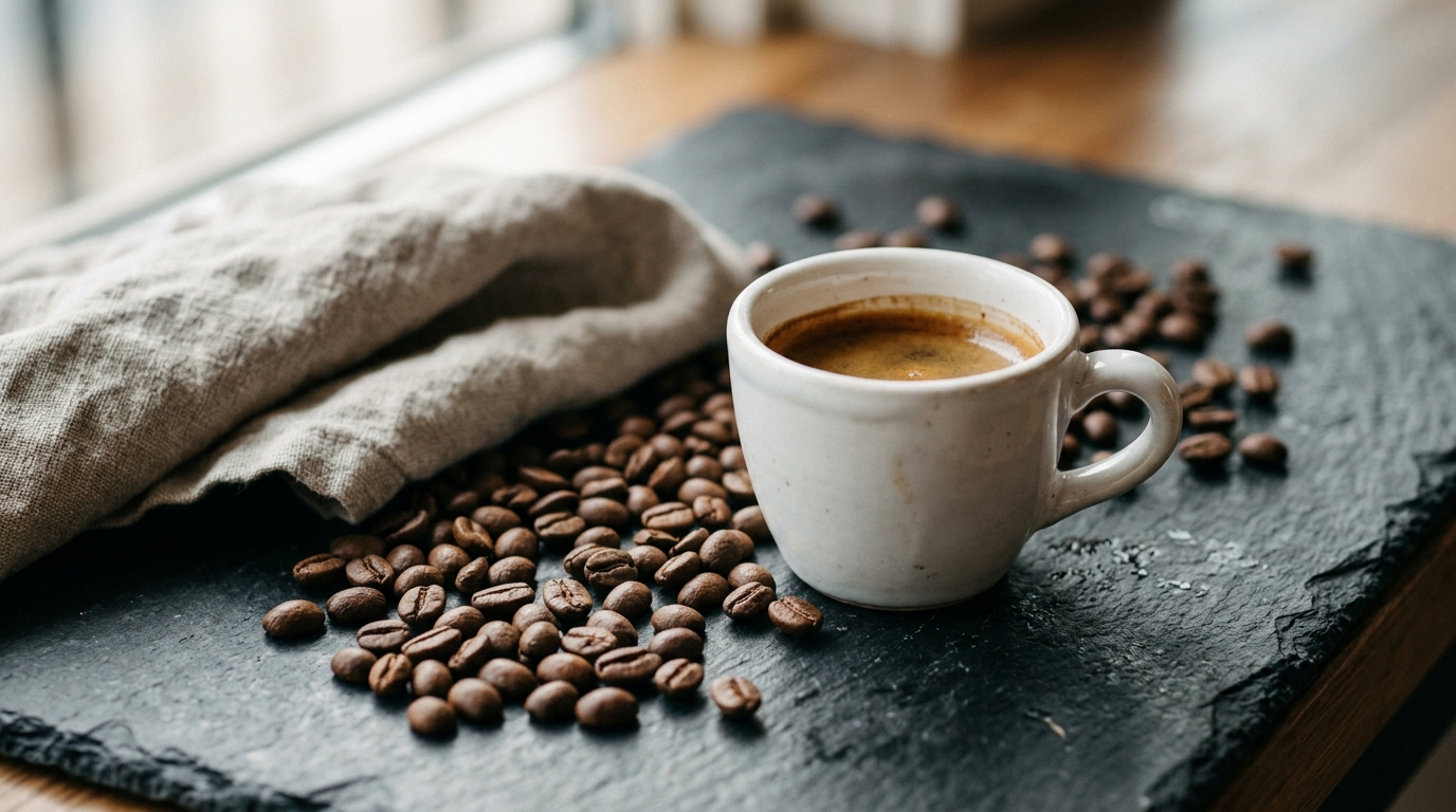 A single white ceramic espresso cup on a dark slate surface, surrounded by a loo