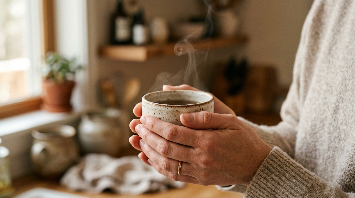 Two hands cradling a small ceramic cup with a thin curl of steam rising gently a