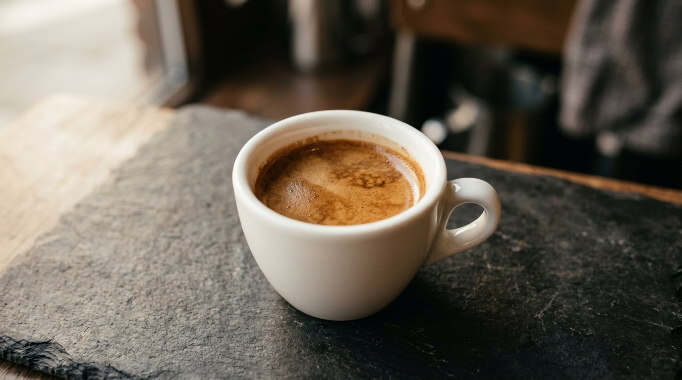 A close-up of a single finished espresso in a small white cup on a dark slate su