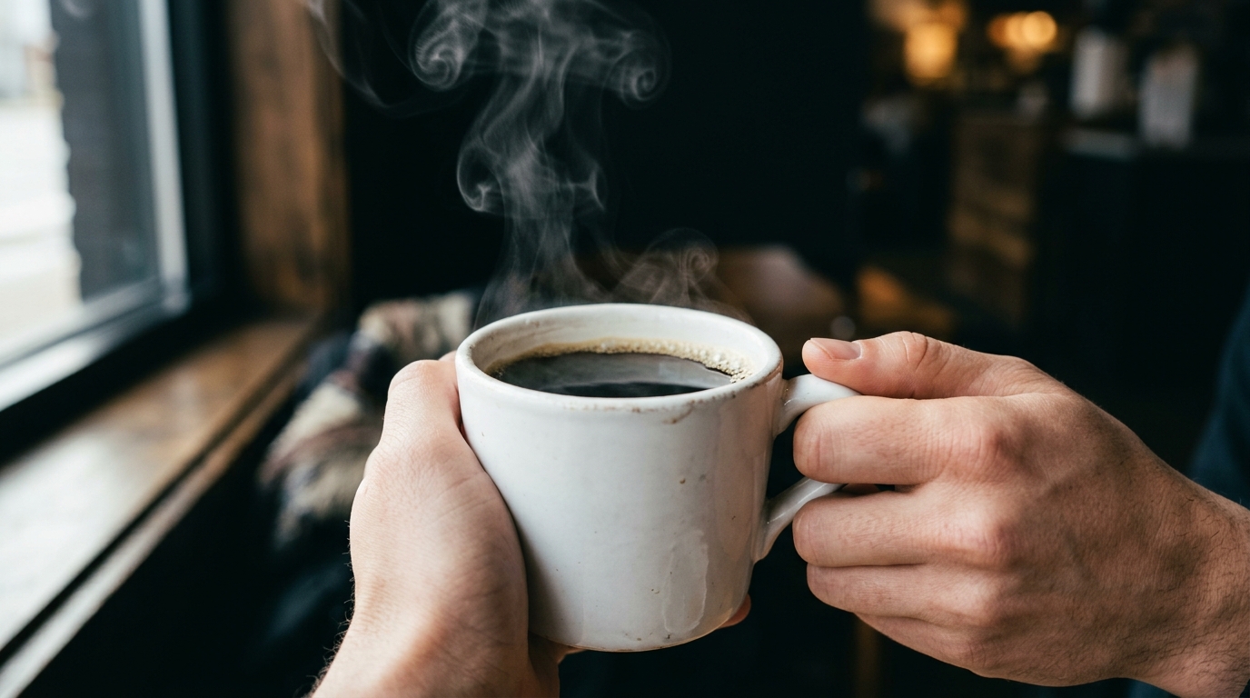 Two hands cradling a steaming white ceramic mug of black coffee against a blurre