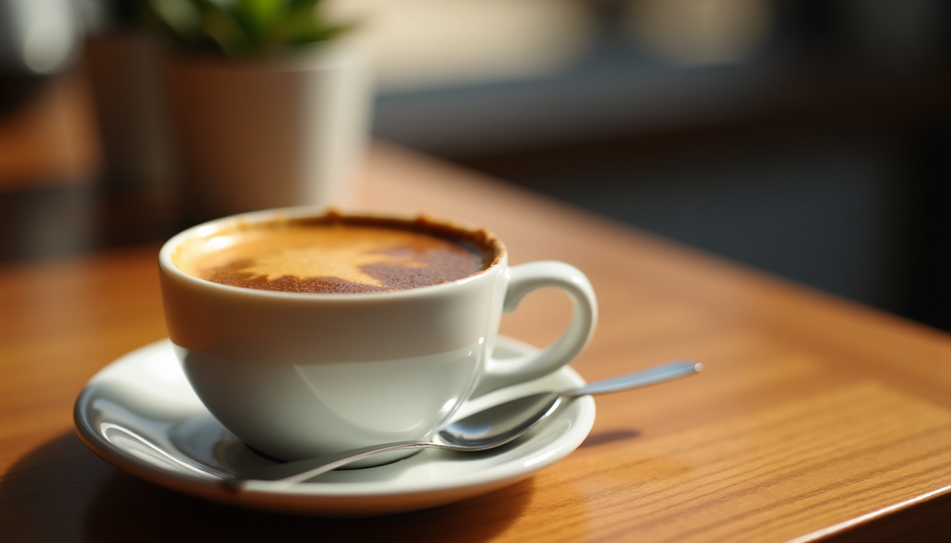 A small white ceramic espresso cup filled with rich, dark espresso sits on a woo