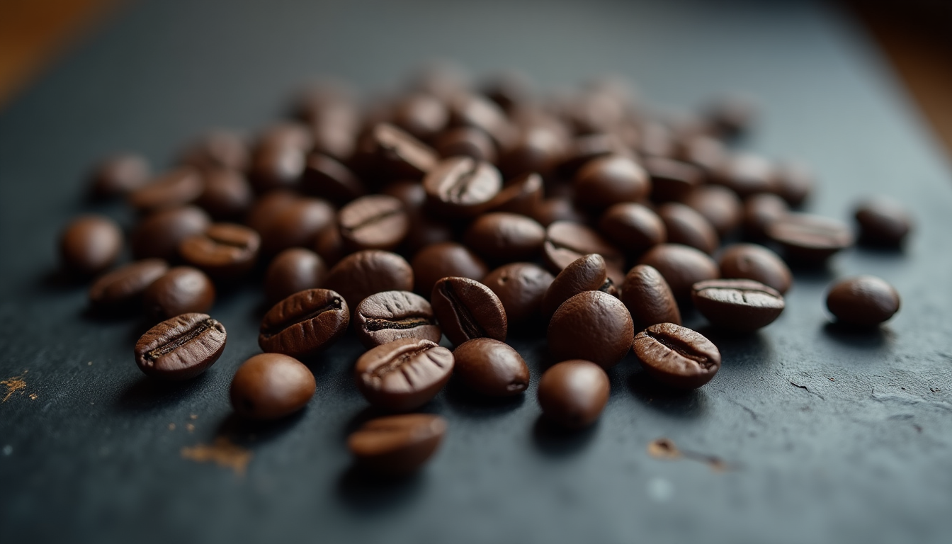A handful of dark roasted coffee beans scattered across a matte black slate surf
