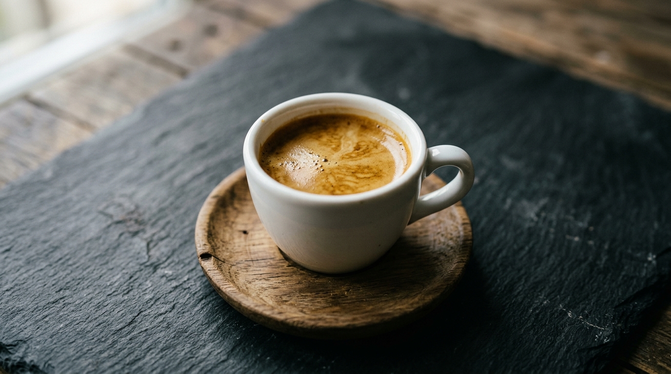 A single shot of rich, dark espresso in a white ceramic demitasse cup resting on
