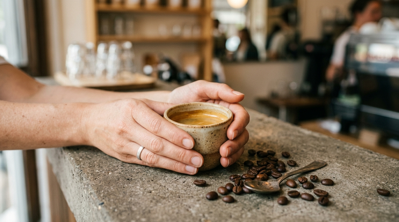 A barista's hands cradling a warm ceramic cup of espresso on a concrete countert