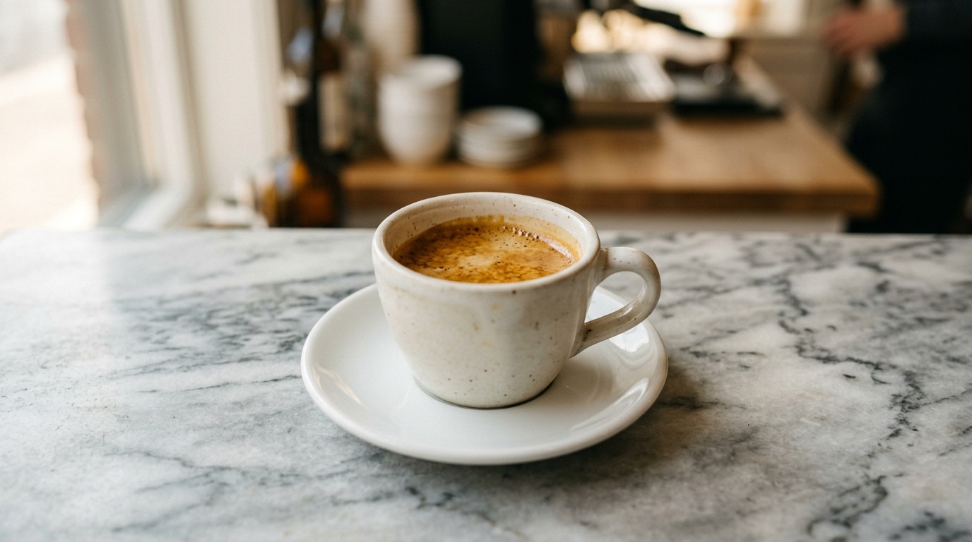 A single ceramic espresso cup filled with a rich, dark shot topped with a thin l