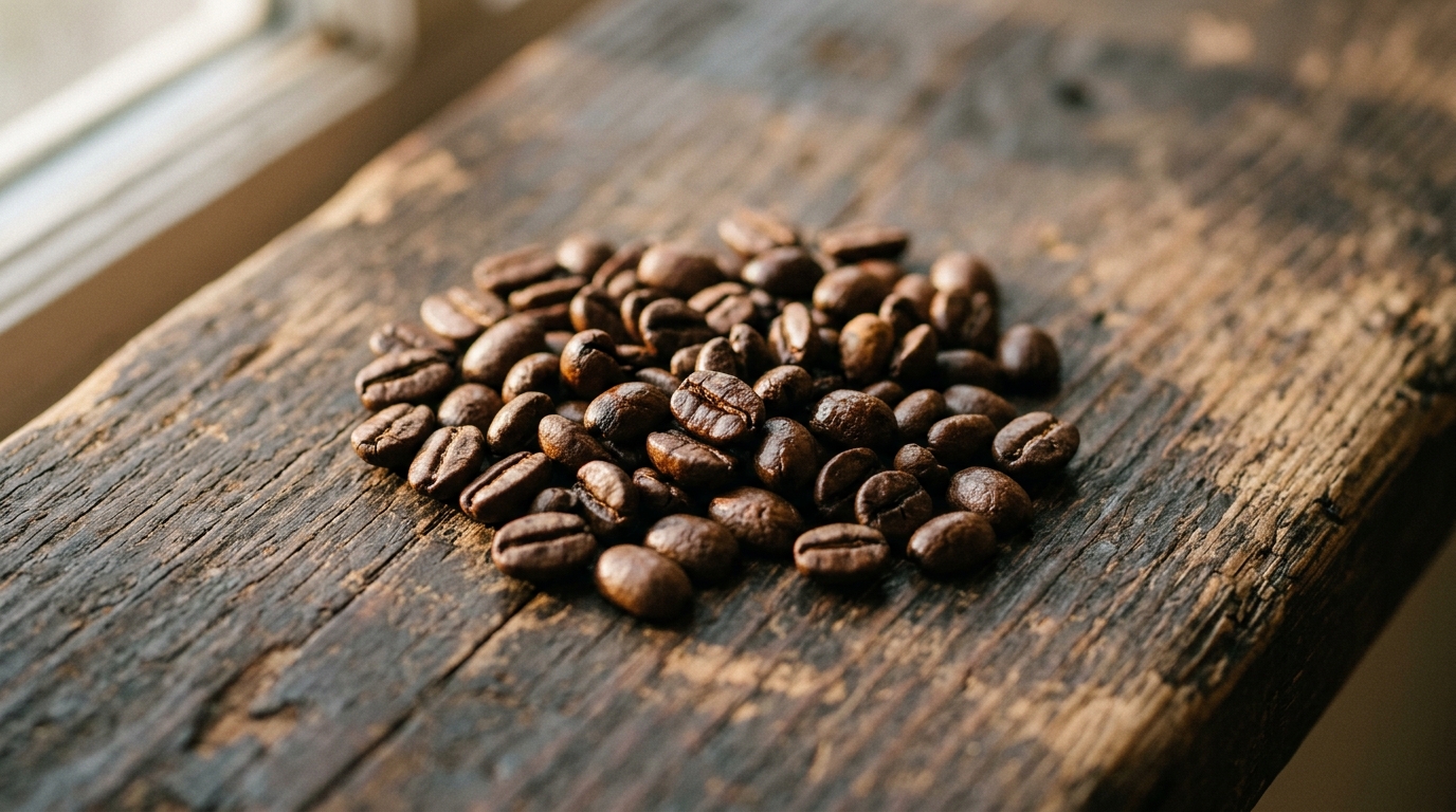 A small pile of whole roasted coffee beans spread loosely on a worn wooden surfa