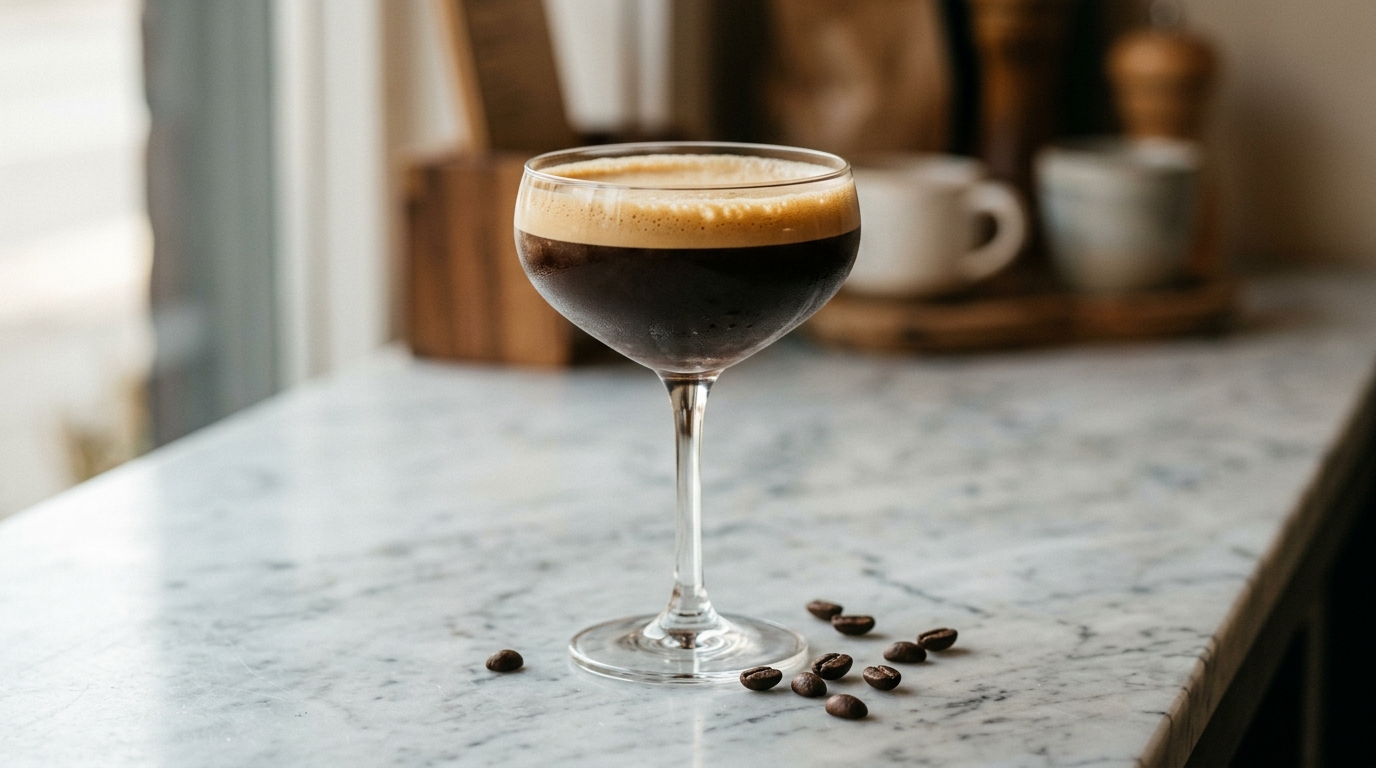 A sleek cocktail glass filled with dark, frothy shakerato sits on a cool marble 