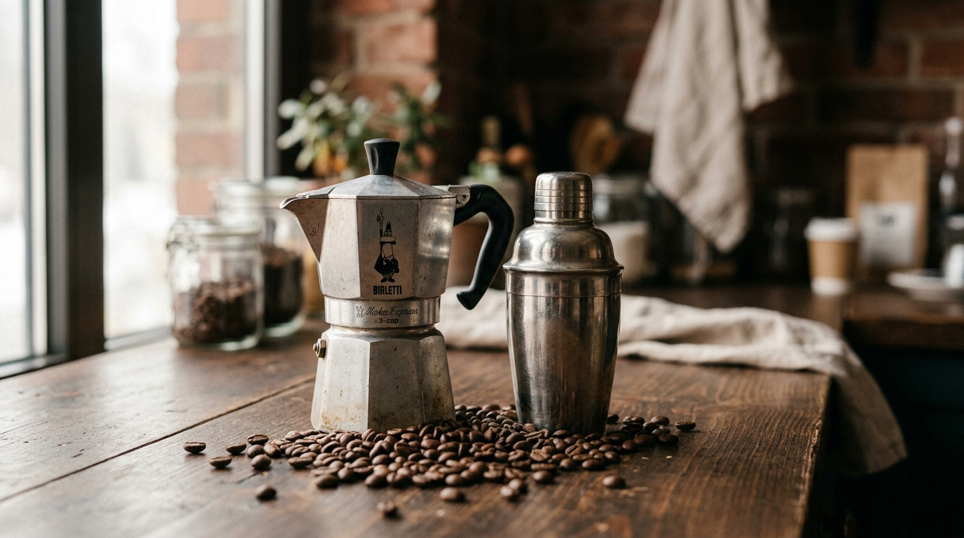 A classic moka pot and a small cocktail shaker rest together on a dark wooden co