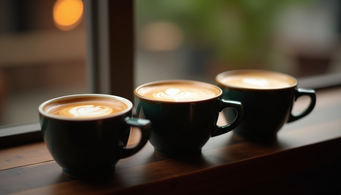 A close-up of three small ceramic cups containing a cortado, flat white, and cap