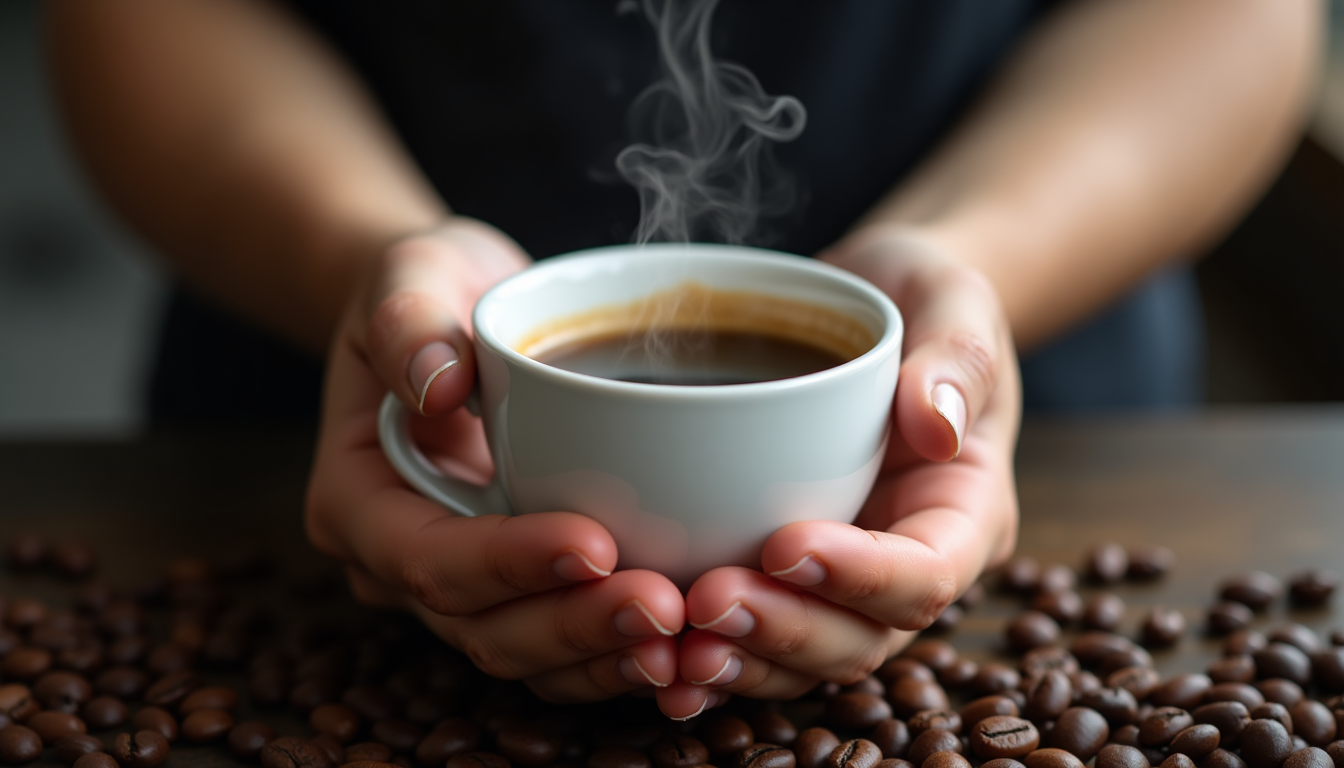 A pair of hands cradling a small white ceramic cup of steaming coffee against a 