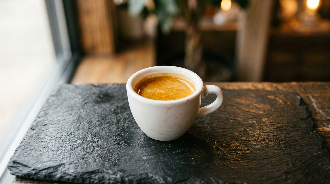 A single small white cup of bright amber espresso rests on a dark slate surface,