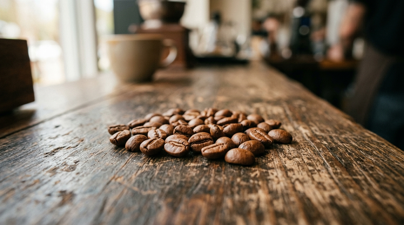 A loose handful of medium-roast coffee beans sits on a weathered wooden counter,