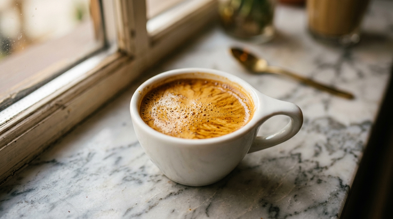 A close-up of a small white espresso cup resting on a marble counter, its surfac