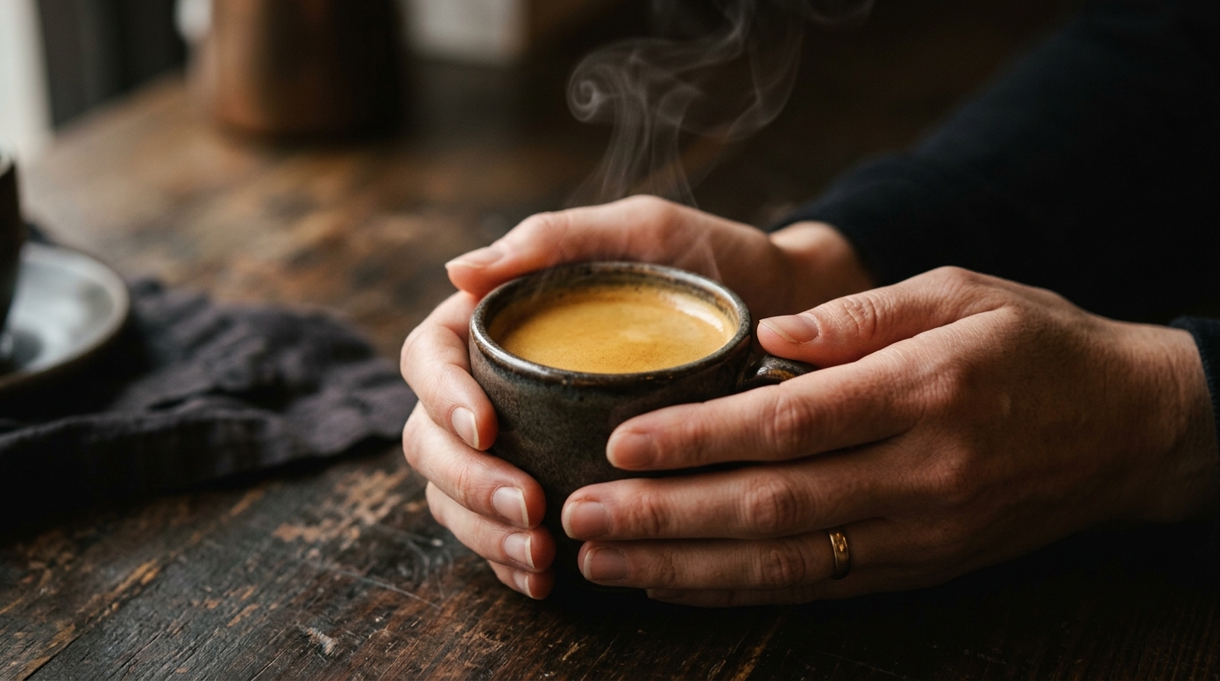 A pair of hands cradling a warm ceramic espresso cup against a dark background, 