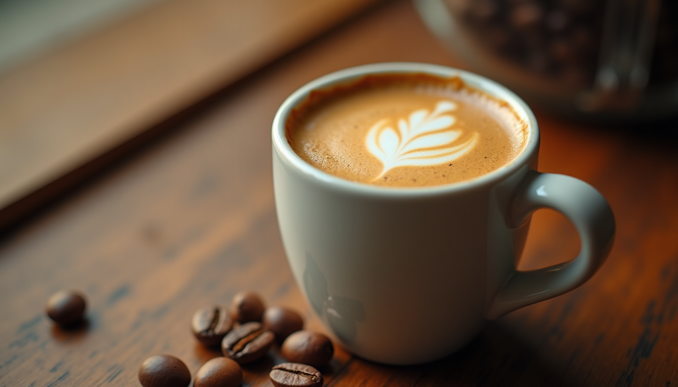 A close-up of a small white ceramic espresso cup filled with rich, dark espresso
