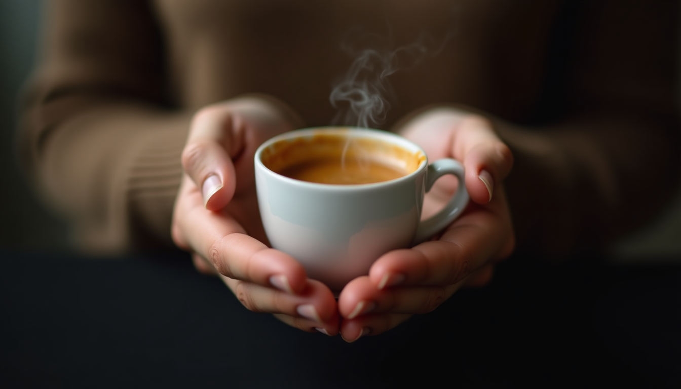 A pair of hands gently cradling a warm white espresso cup against a soft, blurre