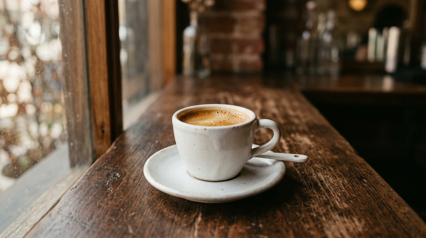 A single elegant espresso in a small white ceramic cup resting on a matching sau