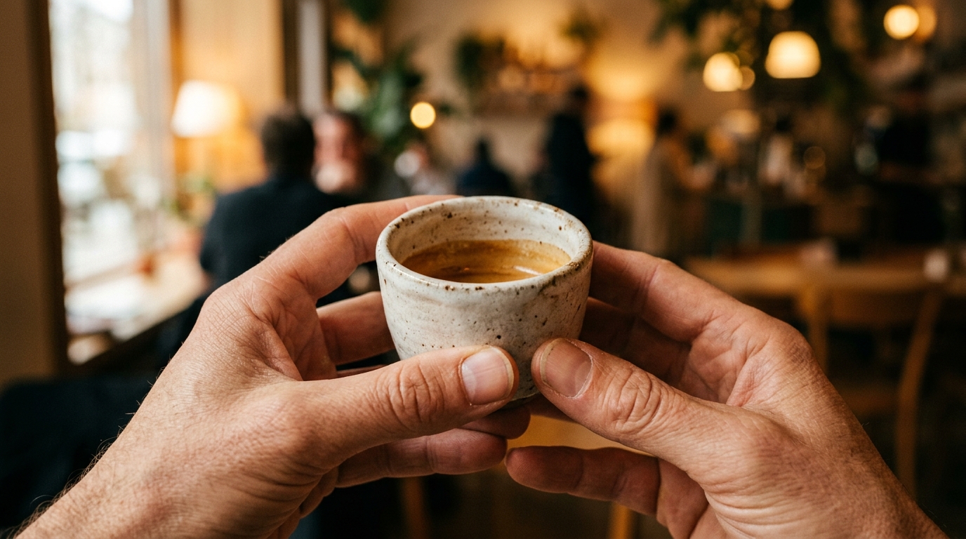 A close-up of two hands cradling a small ceramic espresso cup against a blurred,