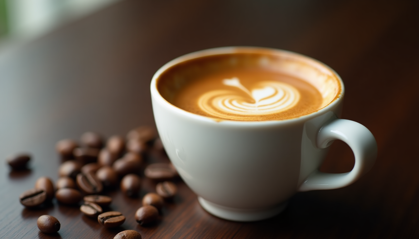 A close-up of a smooth, honey-brown espresso crema in a small white ceramic cup 